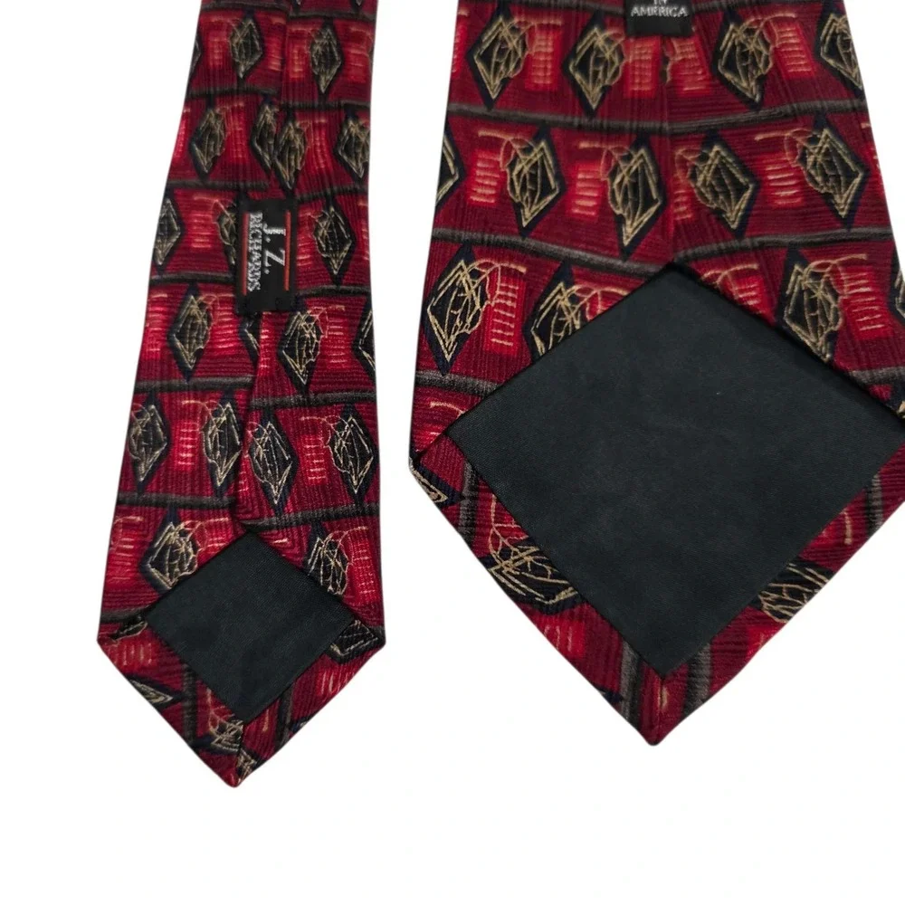J.Z. Richards Silk‎ Geometric Pattern Tie Red Gold Hand Crafted USA Necktie